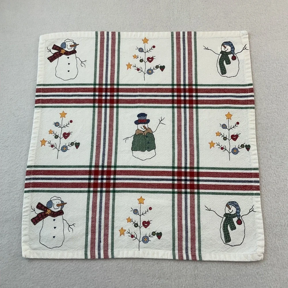 St Nicholas Square Snowman Plaid Cotton Napkins Set of 9 White Red Green Holiday